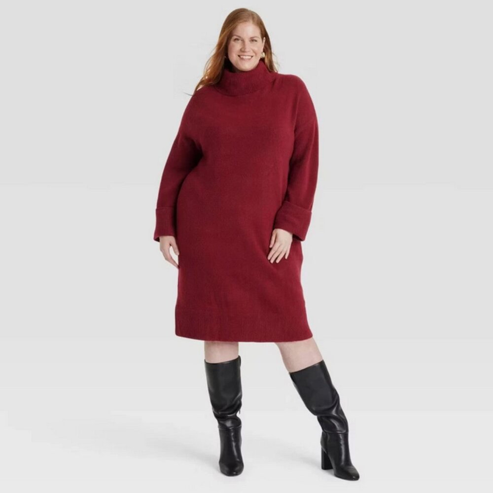Women's Long Sleeve Cozy Knitted Midi Sweater Dress - Ava & Viv Cherry Red XXL